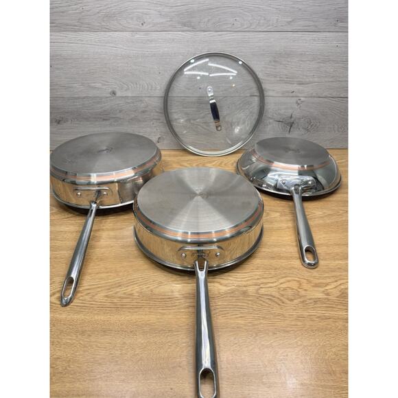 All Clad Emeril 3Qt Copper Core Pan &10" Skillet ~Same Lid Fits All~4 Pc Set - Picture 1 of 13